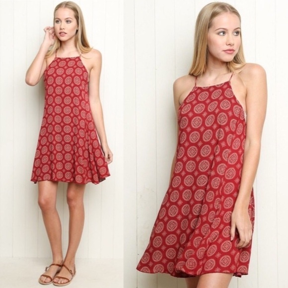 Brandy Melville Abigail Red Medallion High Neck Dress One Size - Picture 1 of 9